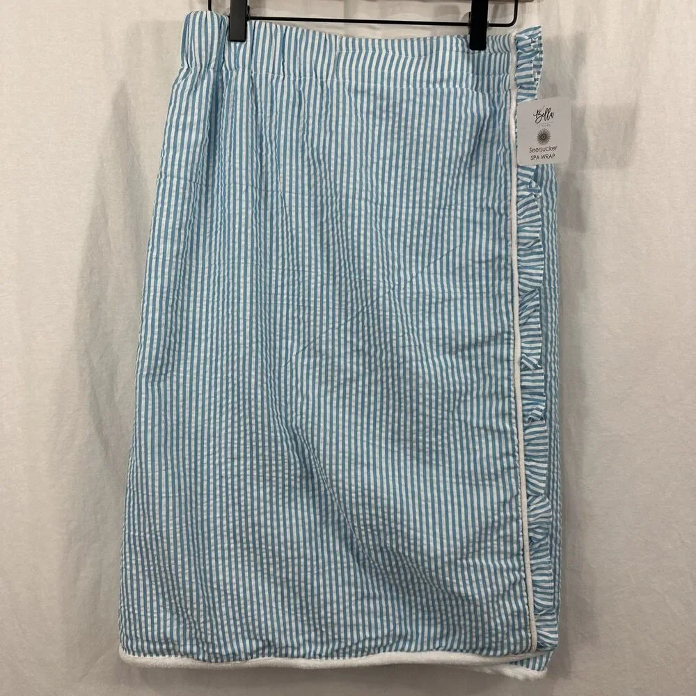 Bella 100% Cotton Blue White Striped Seersucker Spa Wrap Bath Womens O/S Towel